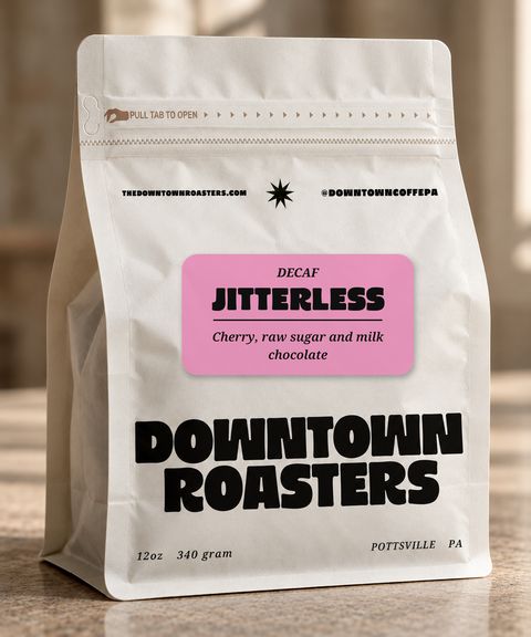 Jitterless - decaf coffee in a Downtown Roasters bag