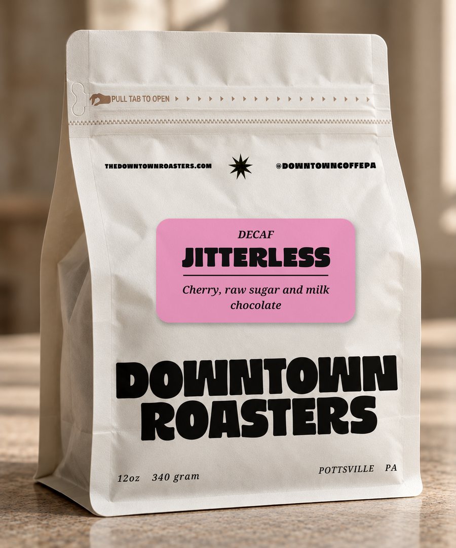 Jitterless - decaf coffee in a Downtown Roasters bag