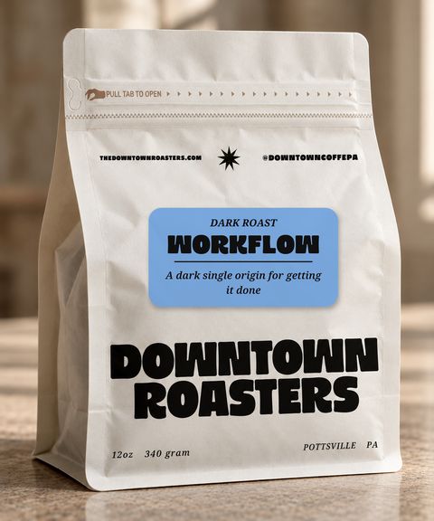 Workflow - dark roast coffee in a Downtown Roasters bag