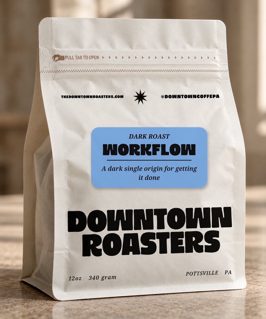 Workflow - dark roast coffee in a Downtown Roasters bag